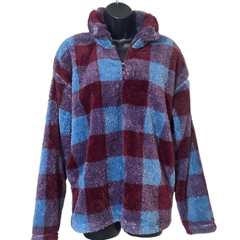 NWT Comfy & Cozy Eddie Bauer Burgundy and Blue Plush 1/4 Zip